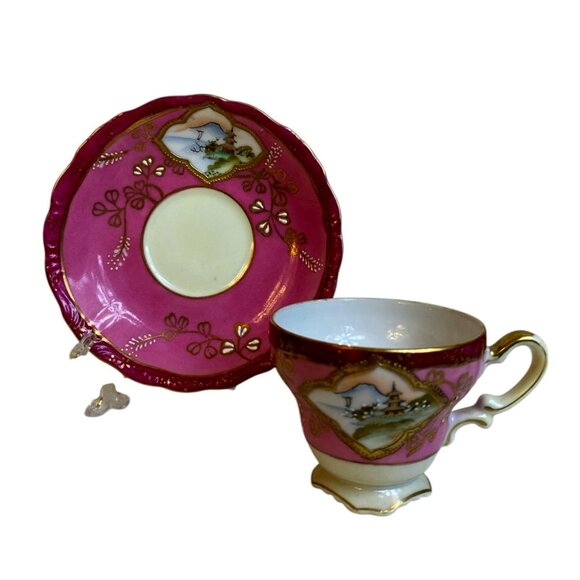 Vtg Craftsman China Hand Painted Cup and Saucer Set Japan 401 Fuji Pagoda Raised - Picture 1 of 12